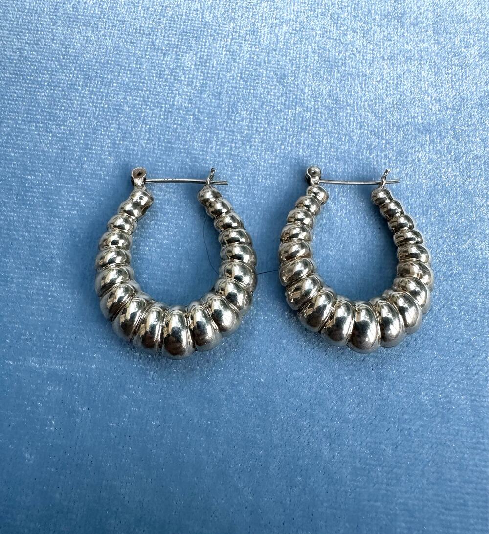 VTG 925 Sterling Silver Puffy Ribbed Shrimp Hoop Earrings Chunky Textured